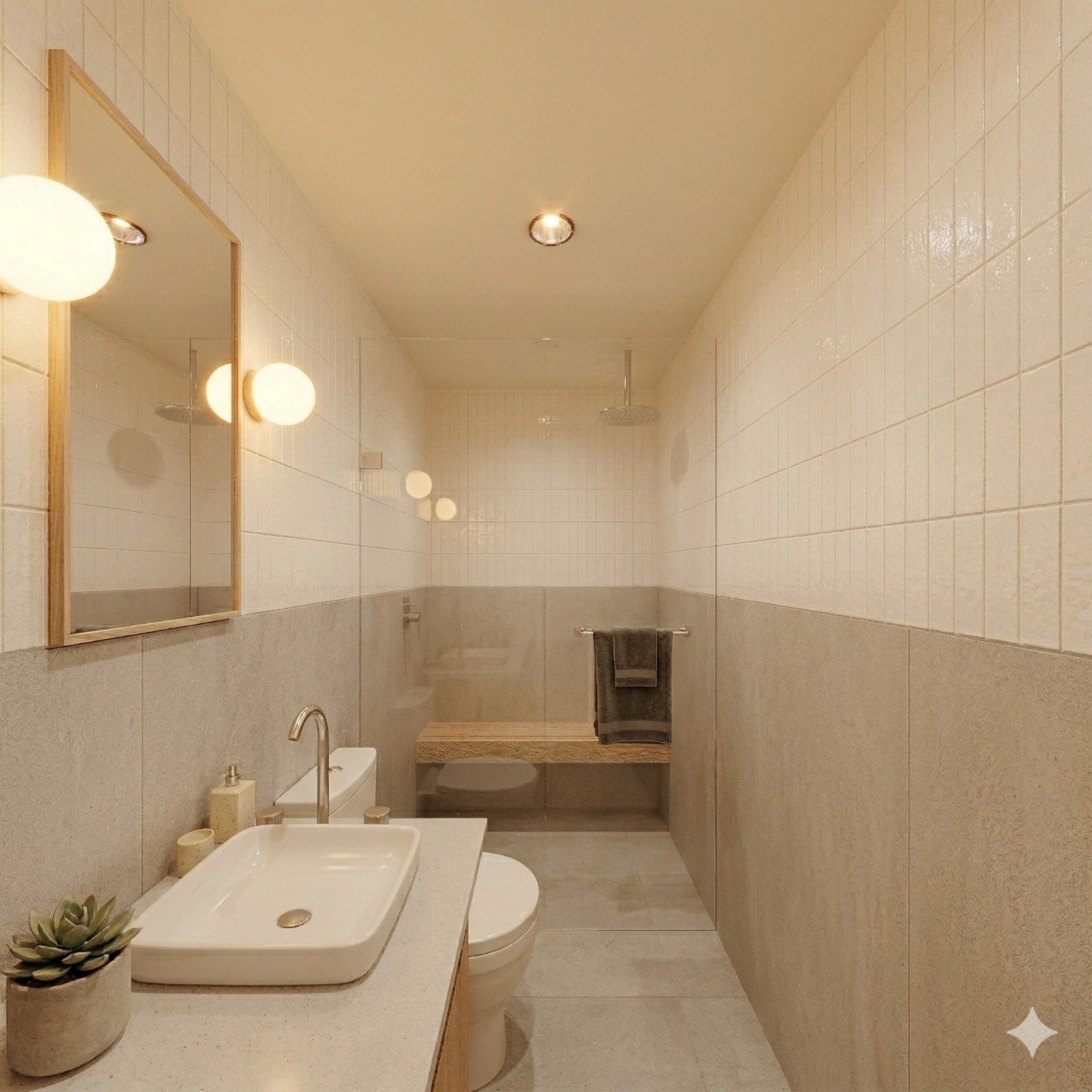 Baño con acabados pétreos y herrajes europeos