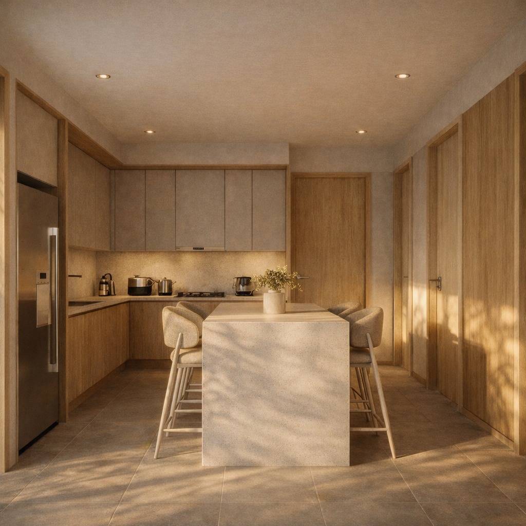 Cocina con isla central y acabados en piedra